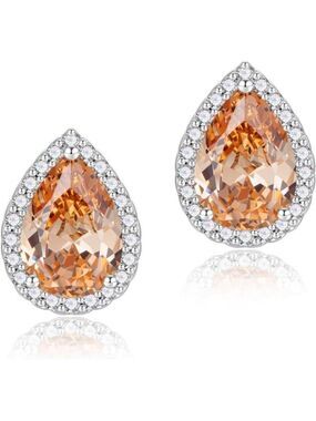 Champagne Teardrop Halo Stud Earrings Cubic Zirconia Simulated Diamond Jewelry
